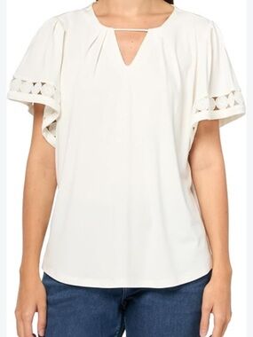 Anne Klein Cream Short-Sleeve Eyelet Trim Top